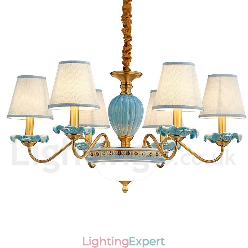Retro Vintage Brass Ceramics Pendant Candle Chandelier with Blue Fabric Shades