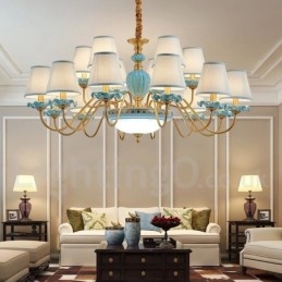 Retro Vintage Brass Ceramics Pendant Candle Chandelier with Blue Fabric Shades