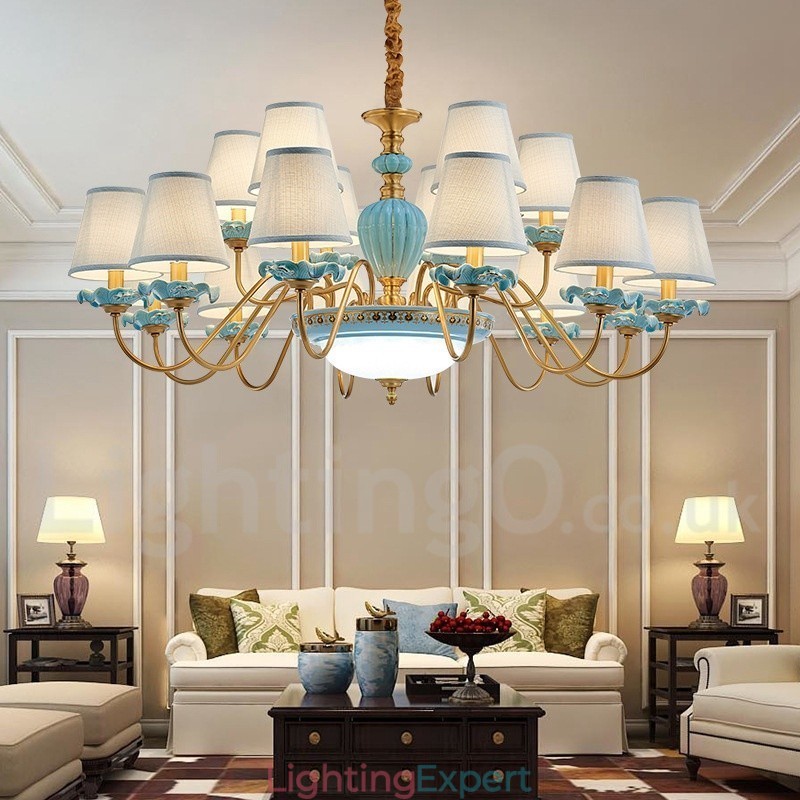 Retro Vintage Brass Ceramics Pendant Candle Chandelier with Blue Fabric Shades