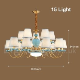 Retro Vintage Brass Ceramics Pendant Candle Chandelier with Blue Fabric Shades