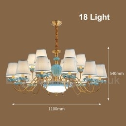 Retro Vintage Brass Ceramics Pendant Candle Chandelier with Blue Fabric Shades
