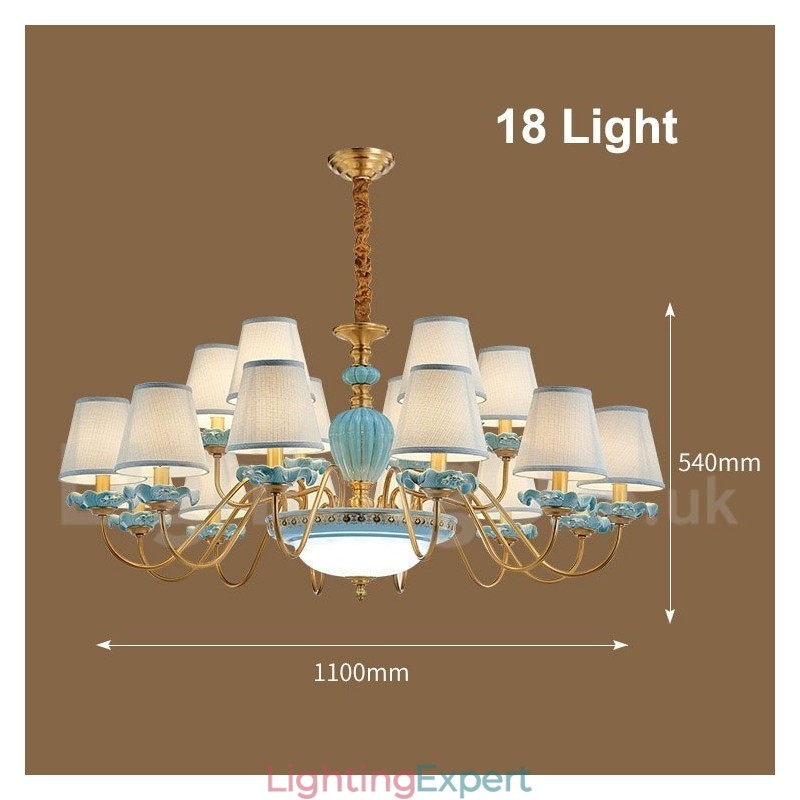 Retro Vintage Brass Ceramics Pendant Candle Chandelier with Blue Fabric Shades