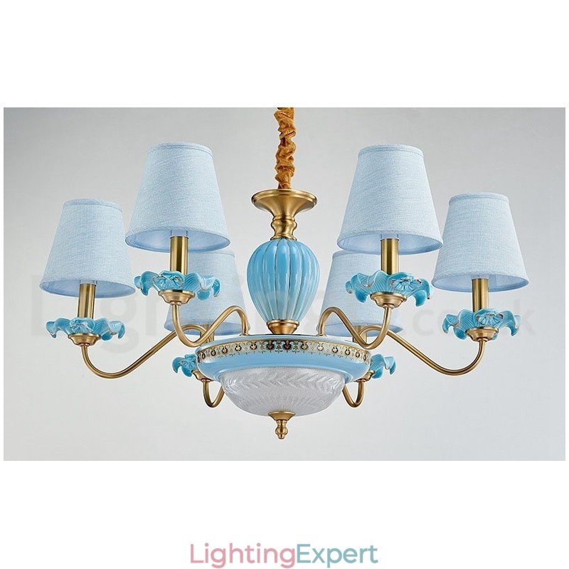 Retro Vintage Brass Ceramics Pendant Candle Chandelier with Blue Fabric Shades