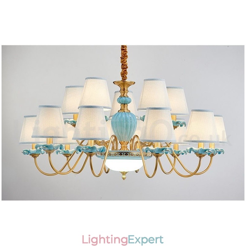 Retro Vintage Brass Ceramics Pendant Candle Chandelier with Blue Fabric Shades