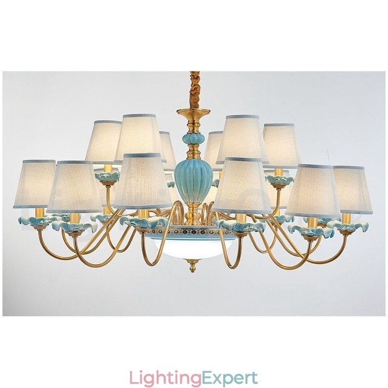 Retro Vintage Brass Ceramics Pendant Candle Chandelier with Blue Fabric Shades