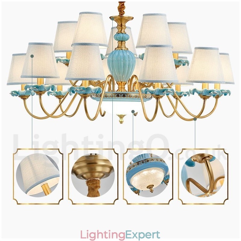 Retro Vintage Brass Ceramics Pendant Candle Chandelier with Blue Fabric Shades