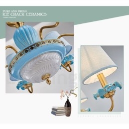 Retro Vintage Brass Ceramics Pendant Candle Chandelier with Blue Fabric Shades
