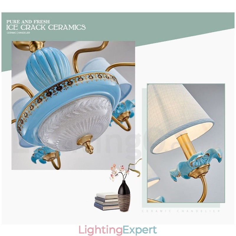 Retro Vintage Brass Ceramics Pendant Candle Chandelier with Blue Fabric Shades