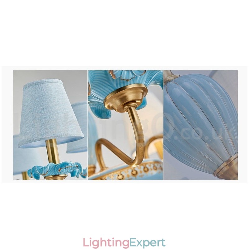 Retro Vintage Brass Ceramics Pendant Candle Chandelier with Blue Fabric Shades