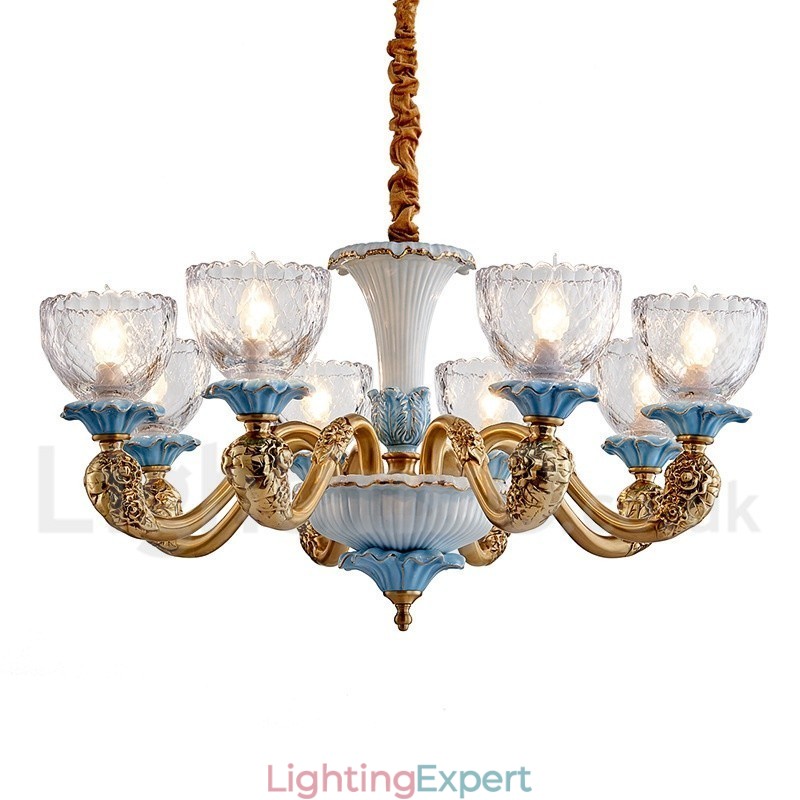 Retro Vintage Brass Ceramics Pendant Candle Chandelier with Glass Shades