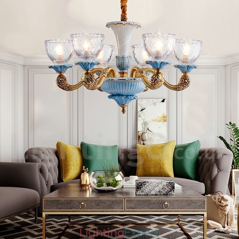 Retro Vintage Brass Ceramics Pendant Candle Chandelier with Glass Shades