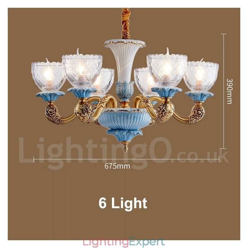 Retro Vintage Brass Ceramics Pendant Candle Chandelier with Glass Shades