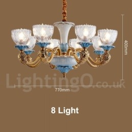 Retro Vintage Brass Ceramics Pendant Candle Chandelier with Glass Shades