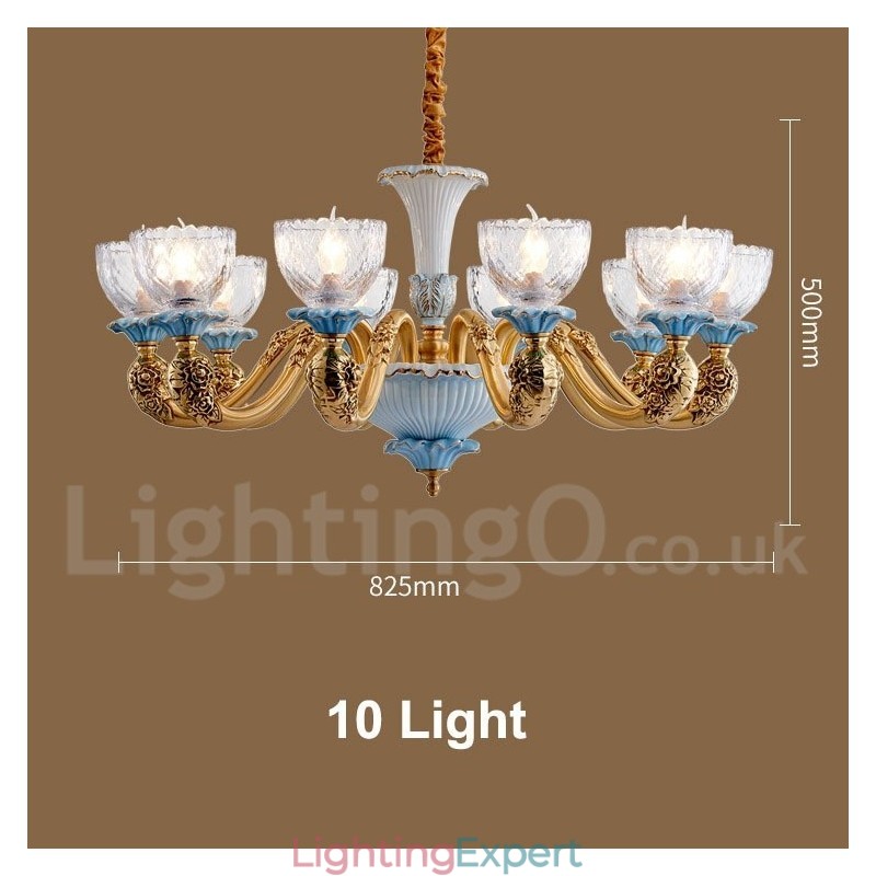 Retro Vintage Brass Ceramics Pendant Candle Chandelier with Glass Shades