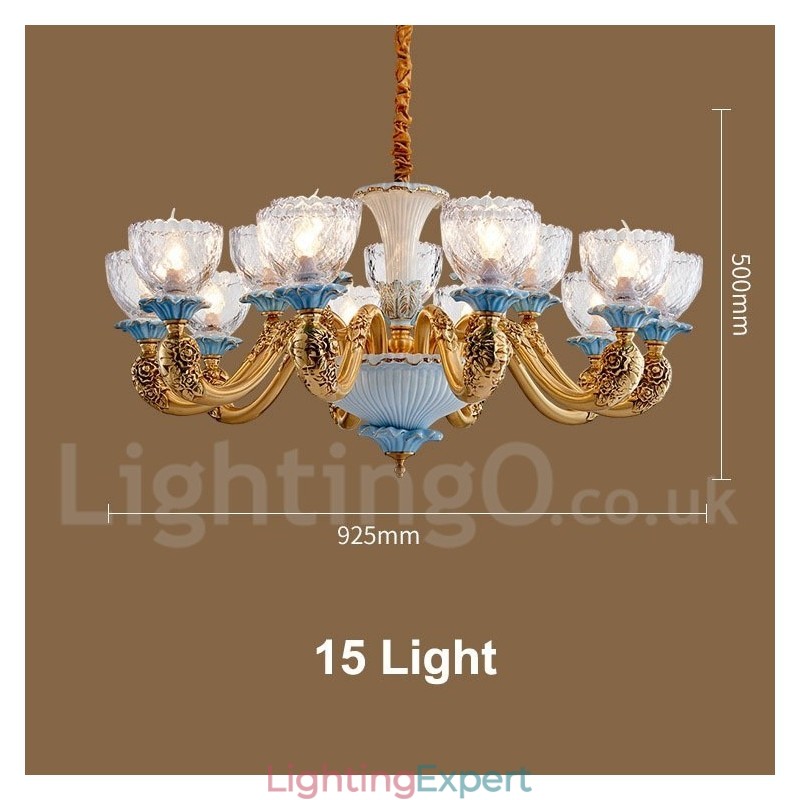 Retro Vintage Brass Ceramics Pendant Candle Chandelier with Glass Shades