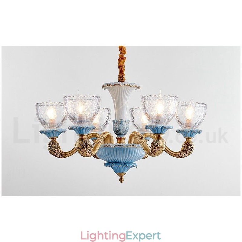 Retro Vintage Brass Ceramics Pendant Candle Chandelier with Glass Shades