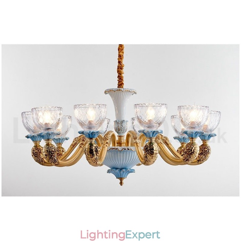 Retro Vintage Brass Ceramics Pendant Candle Chandelier with Glass Shades