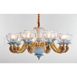 Retro Vintage Brass Ceramics Pendant Candle Chandelier with Glass Shades