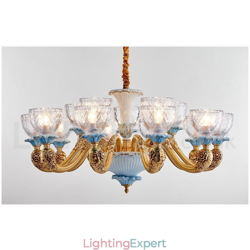 Retro Vintage Brass Ceramics Pendant Candle Chandelier with Glass Shades