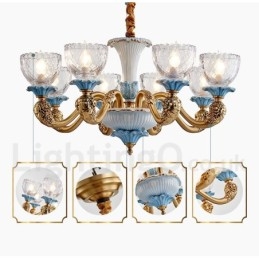 Retro Vintage Brass Ceramics Pendant Candle Chandelier with Glass Shades