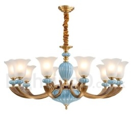 Retro Vintage Brass Ceramics Pendant Candle Chandelier with Glass Shades