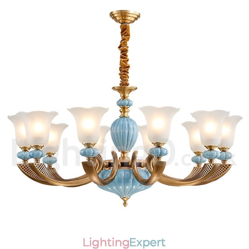 Retro Vintage Brass Ceramics Pendant Candle Chandelier with Glass Shades
