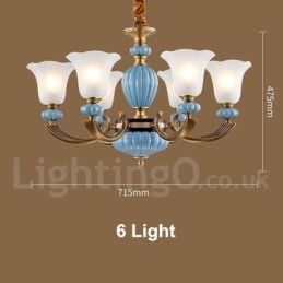 Retro Vintage Brass Ceramics Pendant Candle Chandelier with Glass Shades
