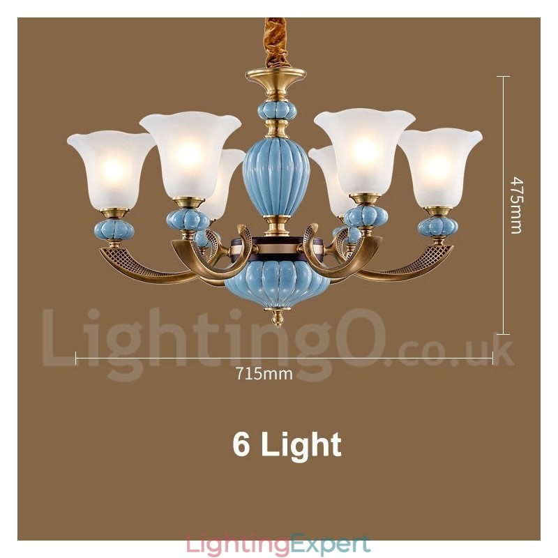 Retro Vintage Brass Ceramics Pendant Candle Chandelier with Glass Shades
