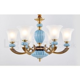 Retro Vintage Brass Ceramics Pendant Candle Chandelier with Glass Shades