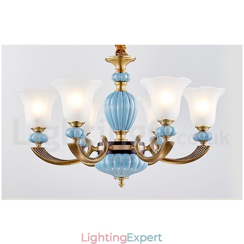 Retro Vintage Brass Ceramics Pendant Candle Chandelier with Glass Shades