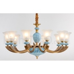 Retro Vintage Brass Ceramics Pendant Candle Chandelier with Glass Shades