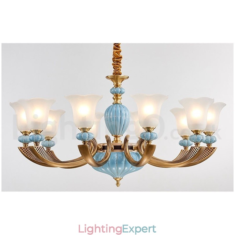 Retro Vintage Brass Ceramics Pendant Candle Chandelier with Glass Shades