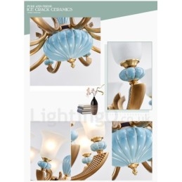 Retro Vintage Brass Ceramics Pendant Candle Chandelier with Glass Shades