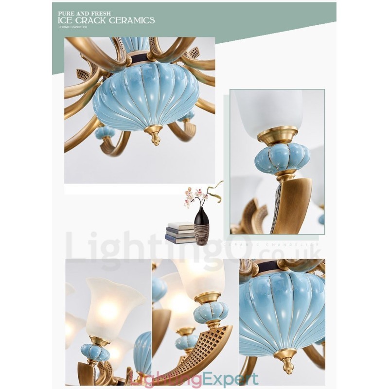 Retro Vintage Brass Ceramics Pendant Candle Chandelier with Glass Shades