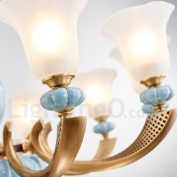 Retro Vintage Brass Ceramics Pendant Candle Chandelier with Glass Shades