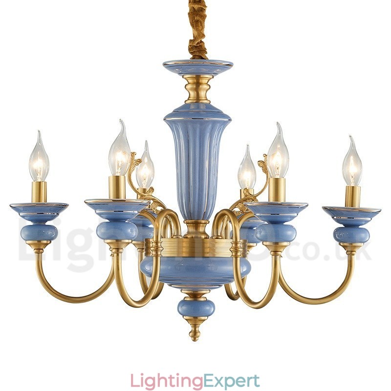 Retro Vintage Brass Ceramics Pendant Candle Chandelier