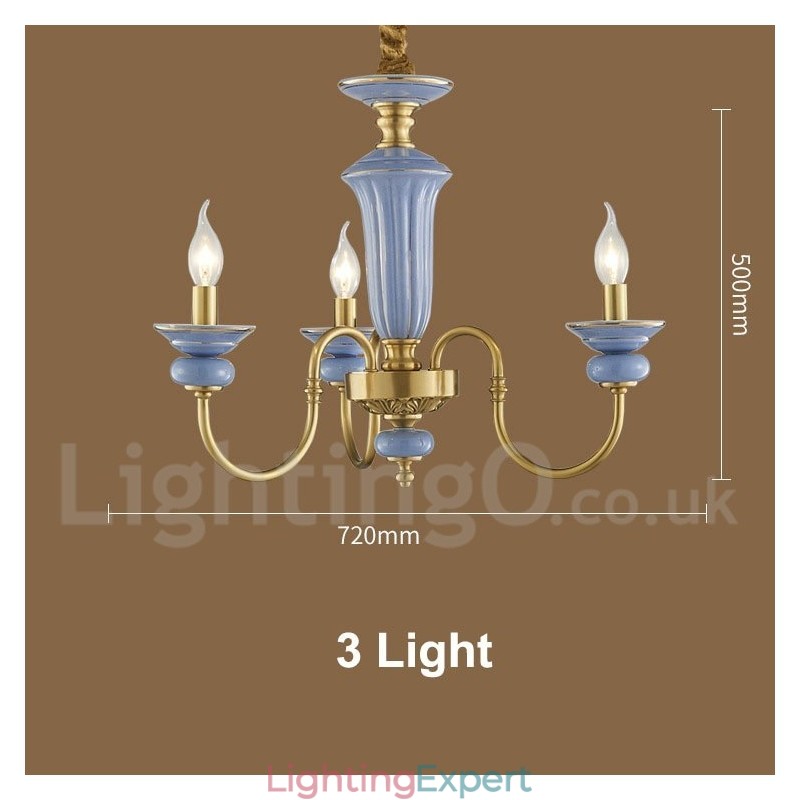 Retro Vintage Brass Ceramics Pendant Candle Chandelier