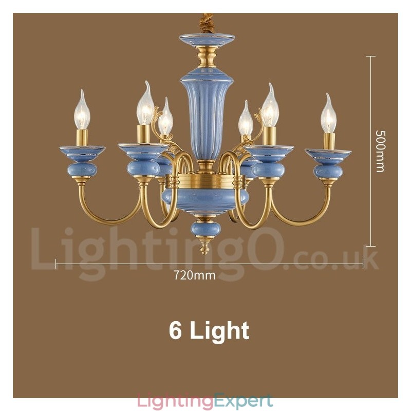 Retro Vintage Brass Ceramics Pendant Candle Chandelier