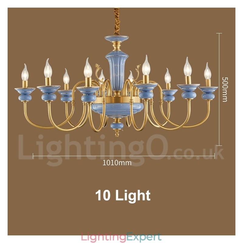 Retro Vintage Brass Ceramics Pendant Candle Chandelier
