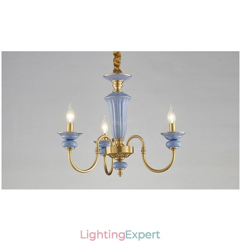 Retro Vintage Brass Ceramics Pendant Candle Chandelier
