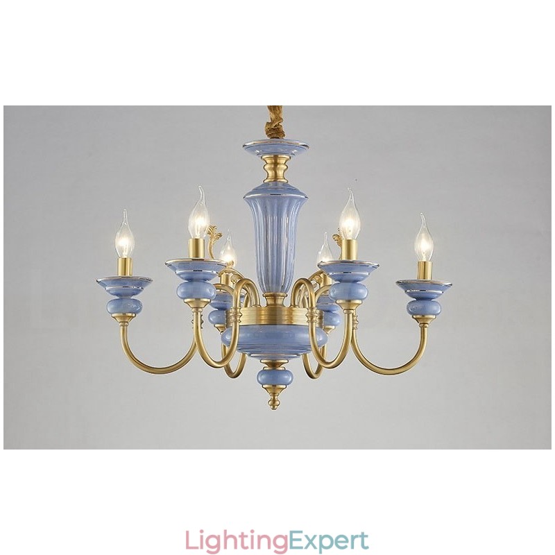 Retro Vintage Brass Ceramics Pendant Candle Chandelier