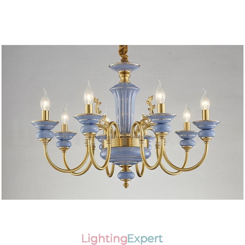 Retro Vintage Brass Ceramics Pendant Candle Chandelier