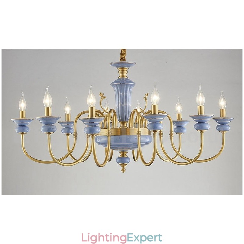Retro Vintage Brass Ceramics Pendant Candle Chandelier