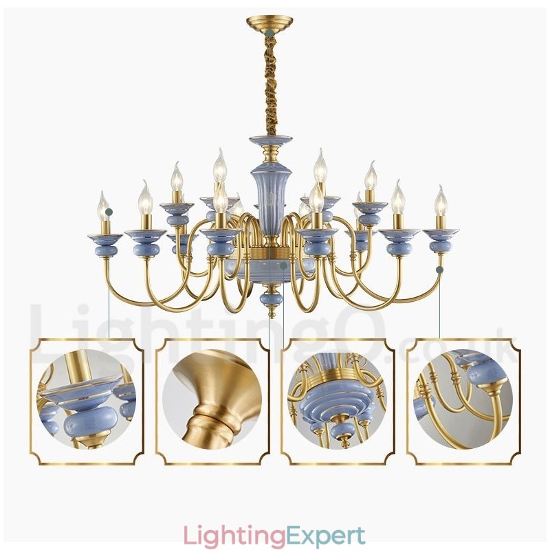 Retro Vintage Brass Ceramics Pendant Candle Chandelier