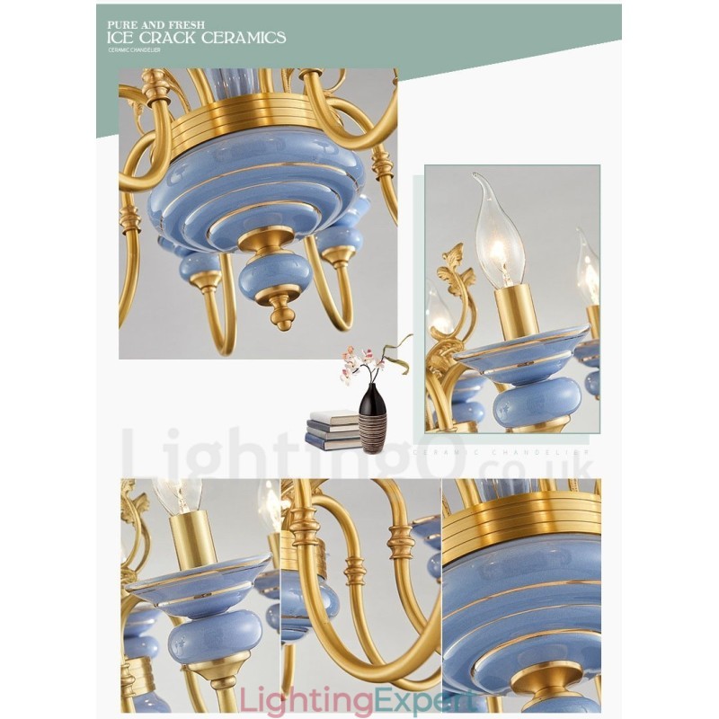 Retro Vintage Brass Ceramics Pendant Candle Chandelier