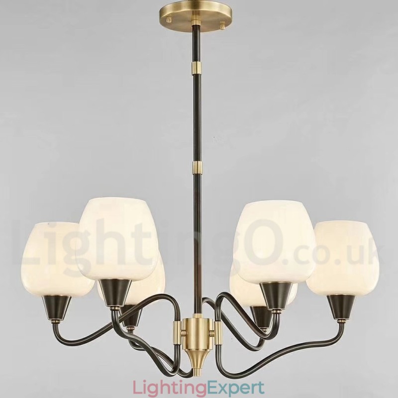 Retro Vintage Brass Pendant Candle Chandelier with Glass Shades