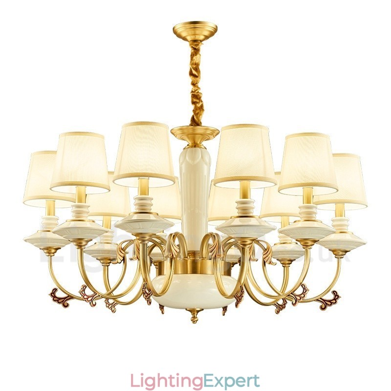 Retro Vintage Brass Ceramics Pendant Candle Chandelier with Fabric Shades