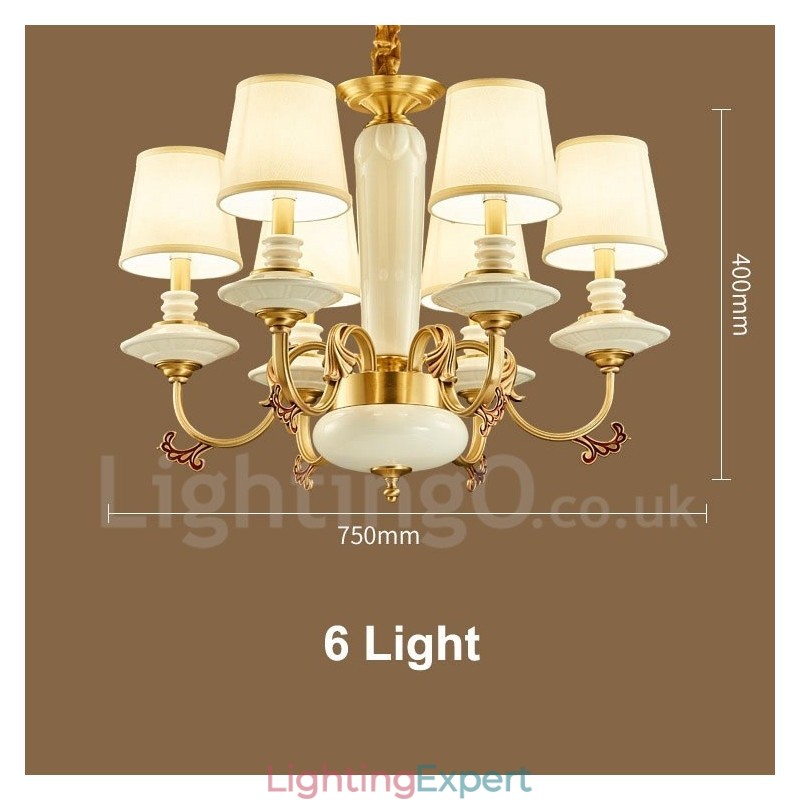 Retro Vintage Brass Ceramics Pendant Candle Chandelier with Fabric Shades