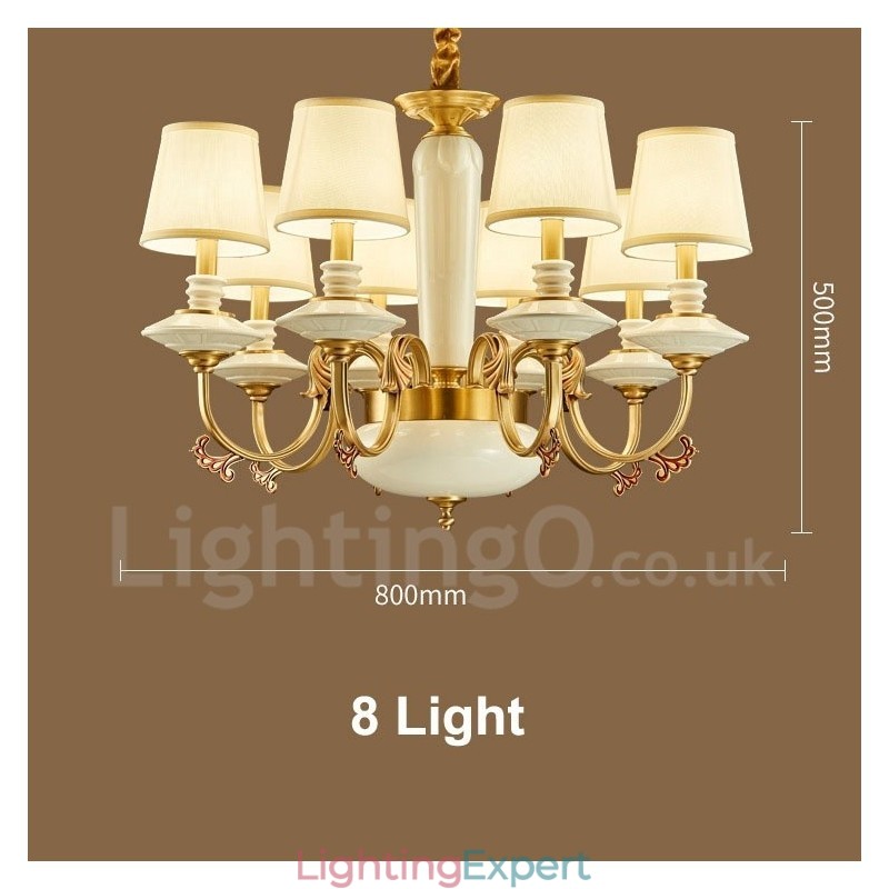 Retro Vintage Brass Ceramics Pendant Candle Chandelier with Fabric Shades