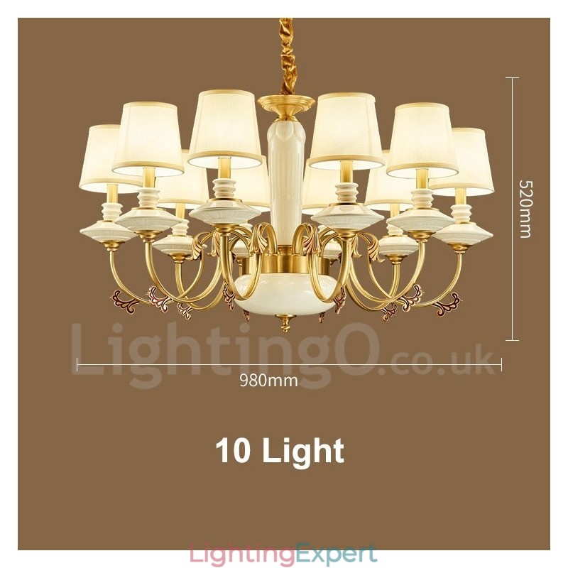 Retro Vintage Brass Ceramics Pendant Candle Chandelier with Fabric Shades